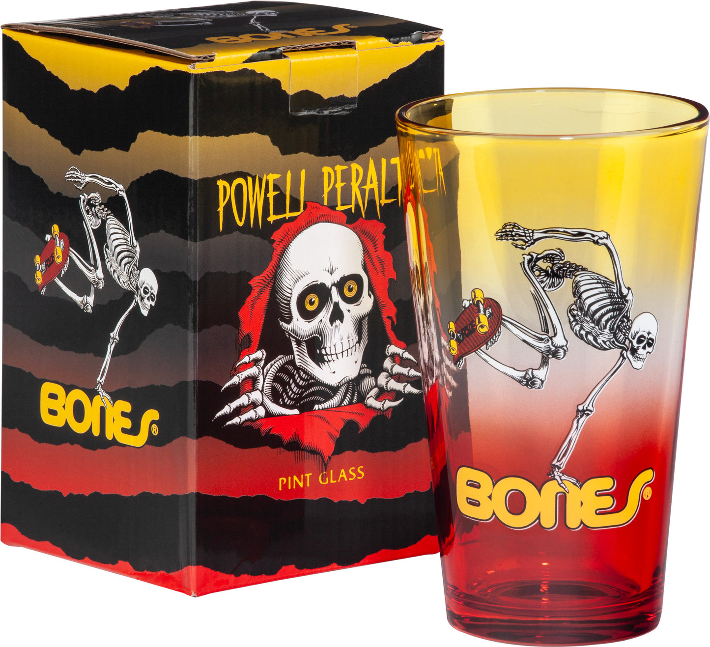 Powell Peralta Pint Glass Skateboard Skeleton Yellow/Red Fade