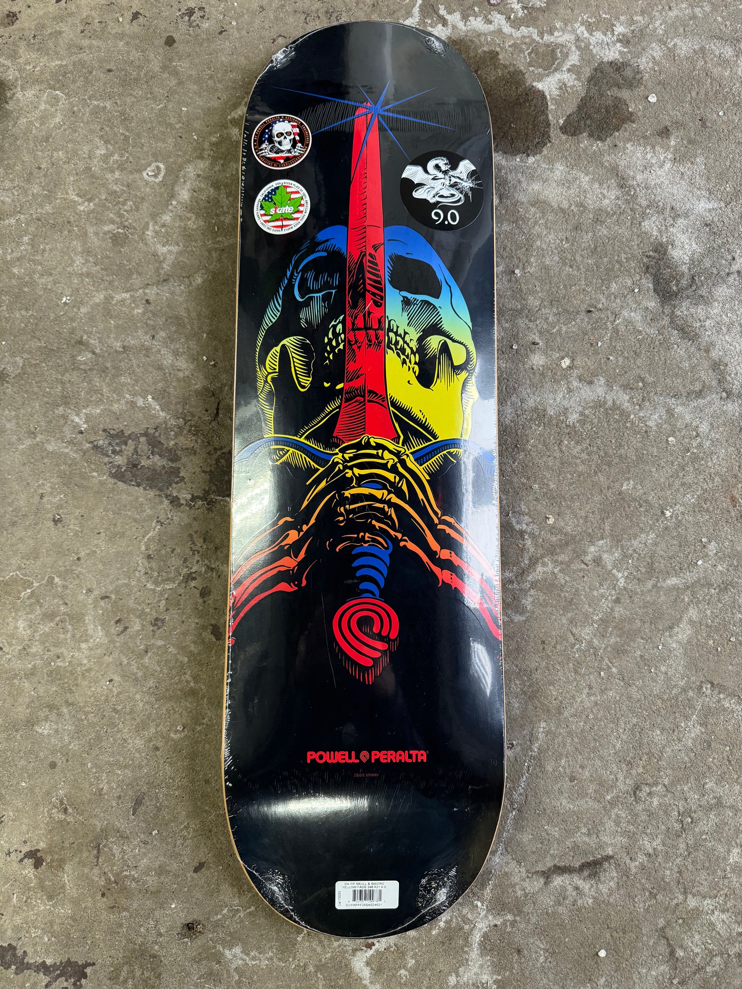 POWELL PERALTA TEAM SKULL & SWORD YELLOW FADE SKATEBOARD DECK 9.0