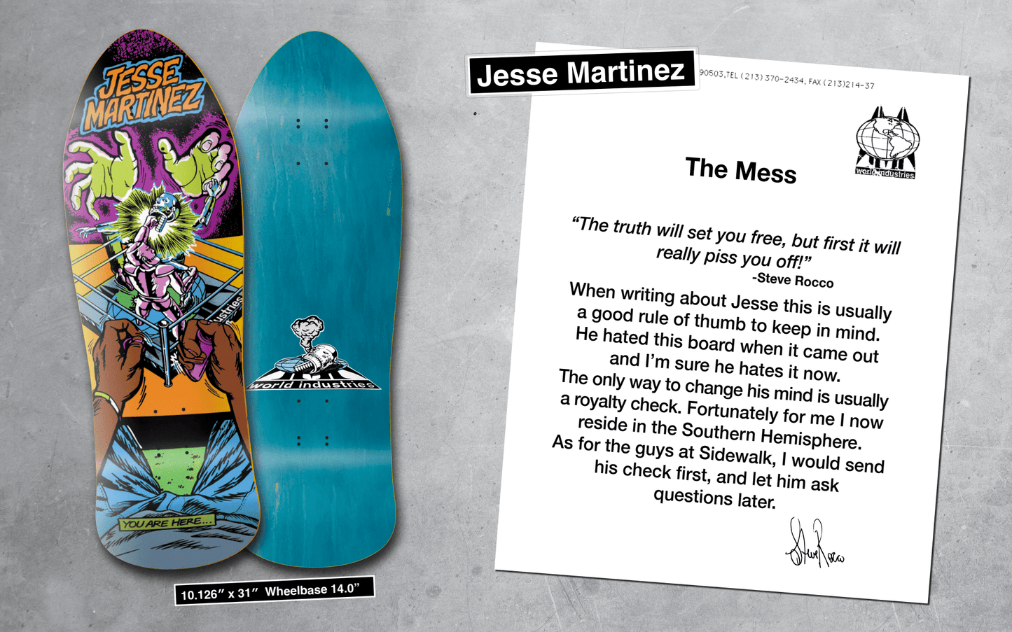 World Industries Jesse Martinez Rock'em Sock'em Old School Skateboard Deck Original Shape Heat Transfer