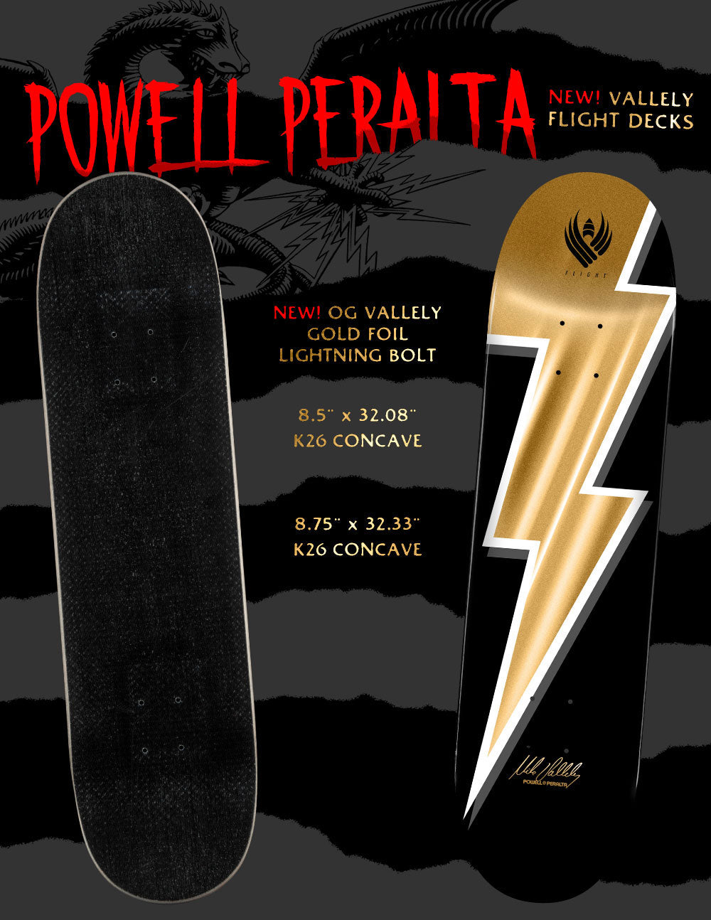 POWELL PERALTA VALLELY LIGHTNING BOLT GOLD FOIL 8.75" FLIGHT SKATEBOARD DECK