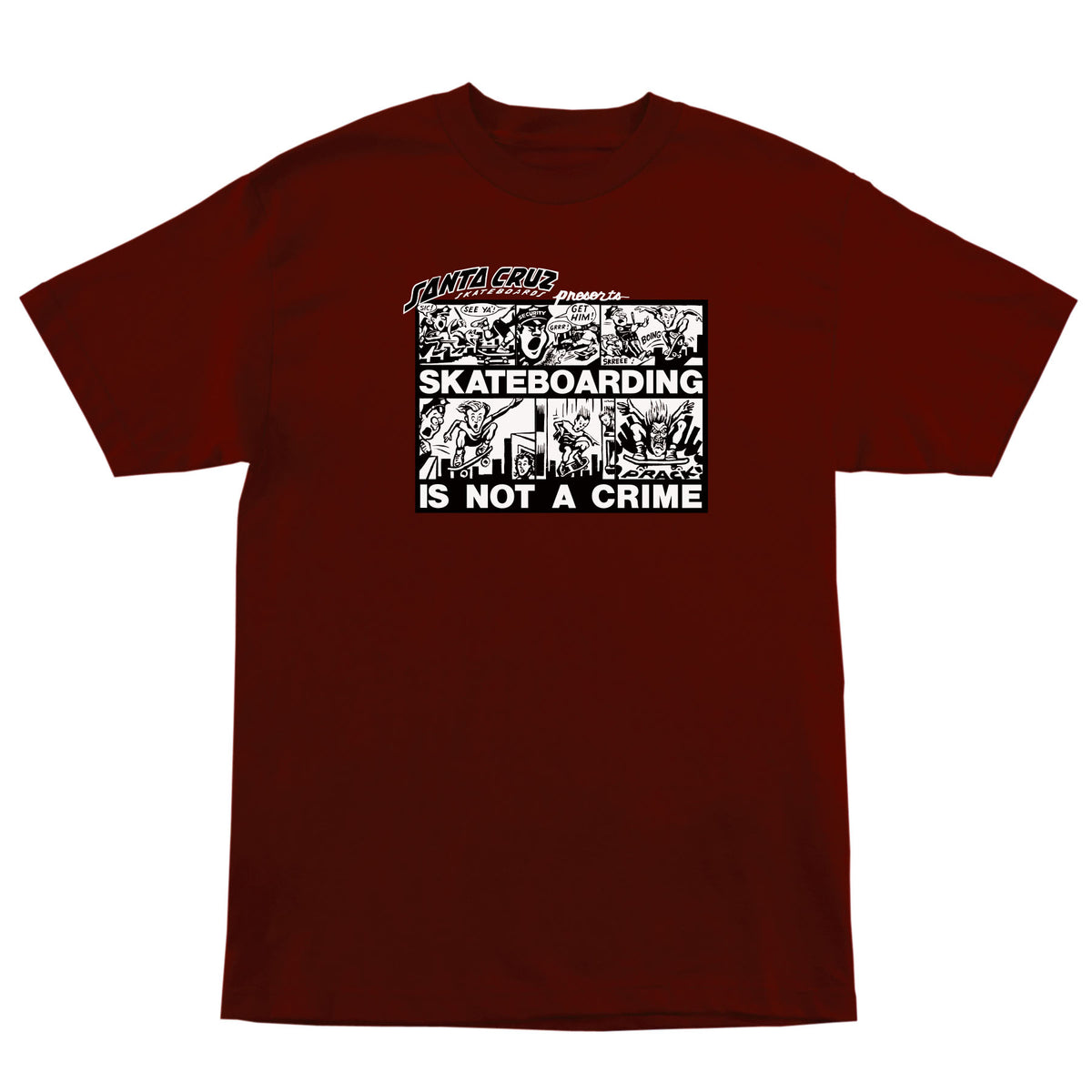 Roskopp Crime Comic Santa Cruz T-Shirt Standard Fit Heavyweight - Burgundy