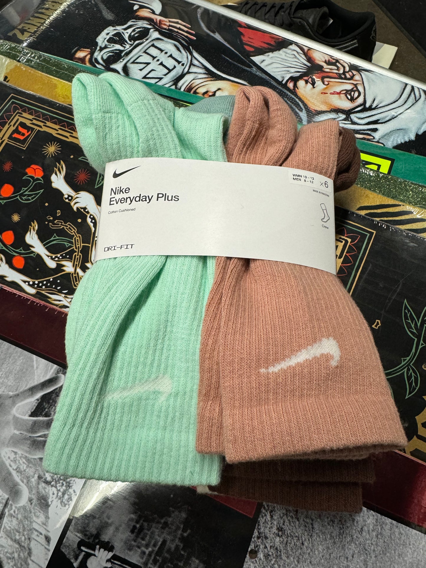 Nike SB Everyday Plus Lightweight Crew Socks 6 Pack- Teal/Brown Variety Mens Large